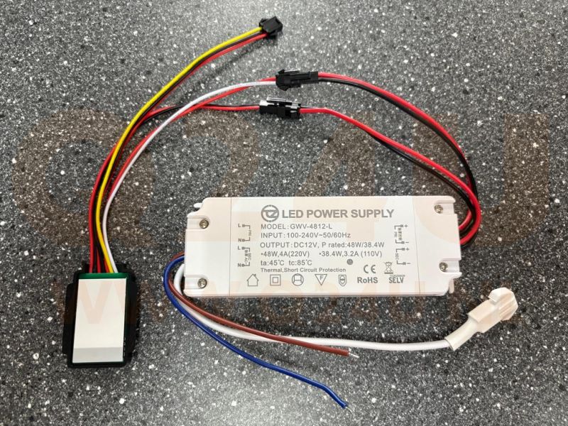 Driver LED 12V 4A 48W con interruptor táctil y salida 230V para calefacción de espejos – Modelo GWV-4812-L